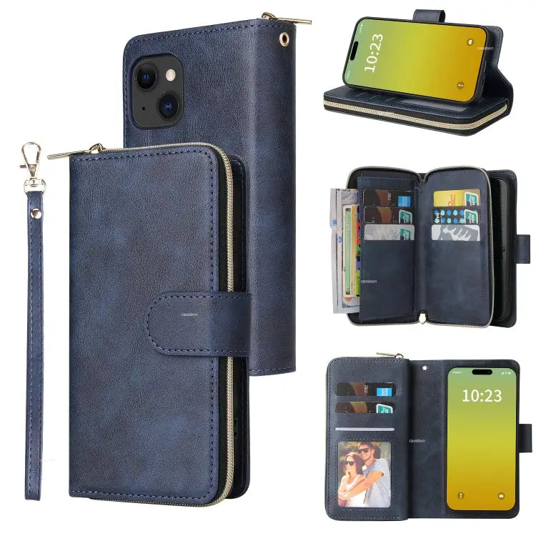 9 Card Slots Zipper Wallet Bag Leather Phone Case - For iPhone 15 Plus / Blue