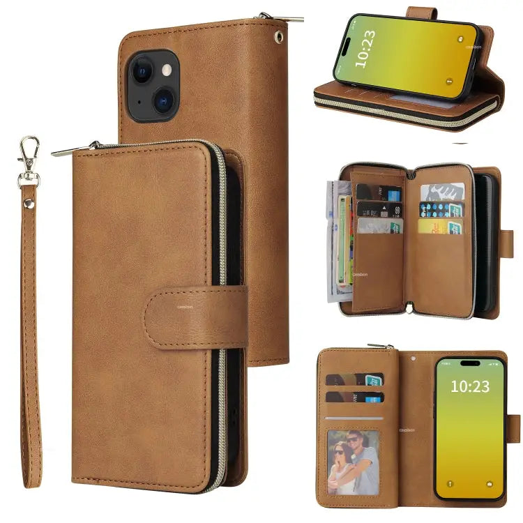 9 Card Slots Zipper Wallet Bag Leather Phone Case - For iPhone 15 Plus / Brown
