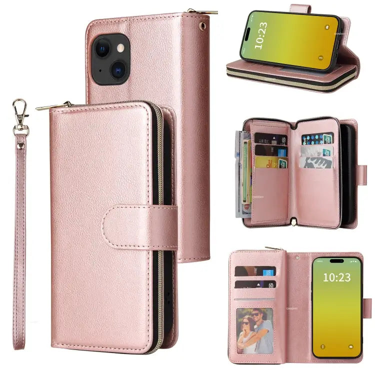 9 Card Slots Zipper Wallet Bag Leather Phone Case - For iPhone 15 Plus / Rose Gold