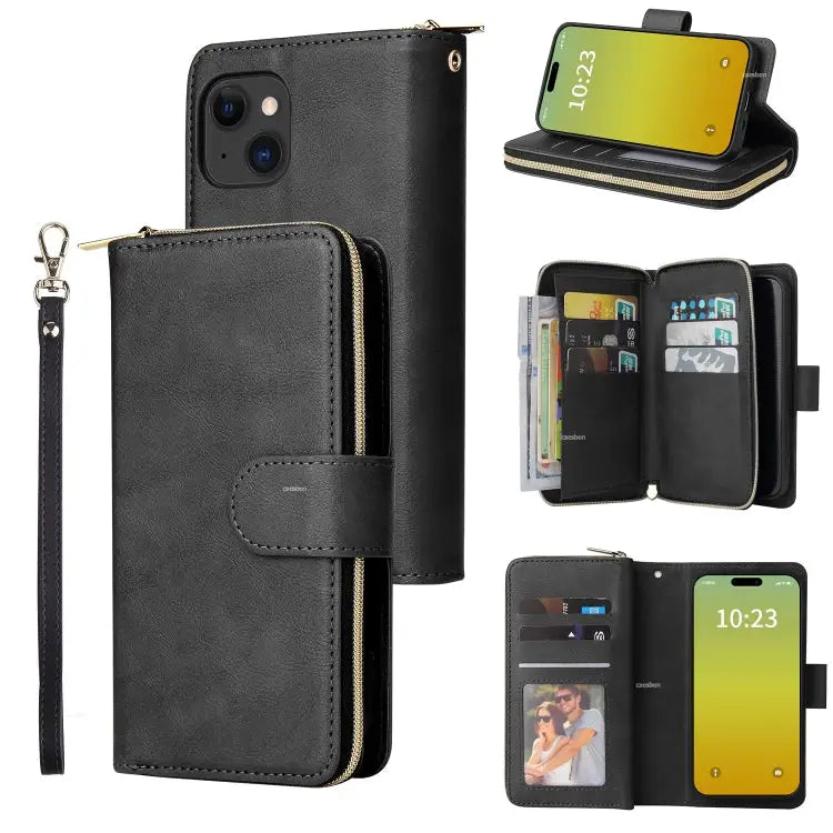 9 Card Slots Zipper Wallet Bag Leather Phone Case - For iPhone 15 Plus / Black