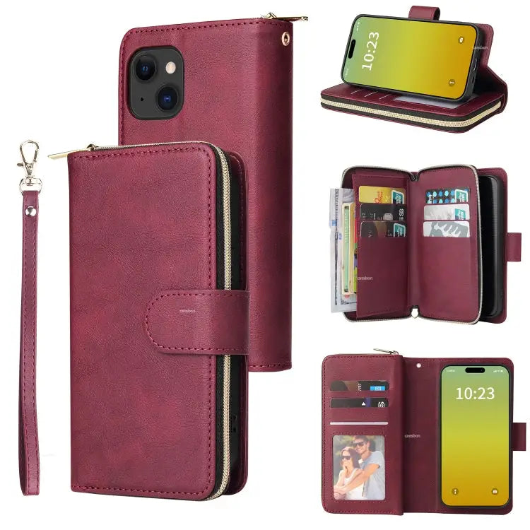 9 Card Slots Zipper Wallet Bag Leather Phone Case - For iPhone 15 Plus / Wine Red
