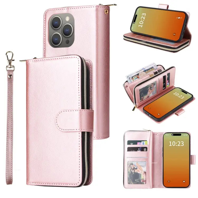 9 Card Slots Zipper Wallet Bag Leather Phone Case - For iPhone 15 Pro / Rose Gold