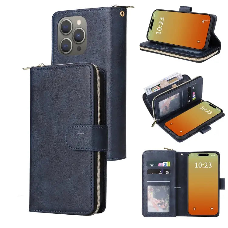 9 Card Slots Zipper Wallet Bag Leather Phone Case - For iPhone 15 Pro Max / Blue