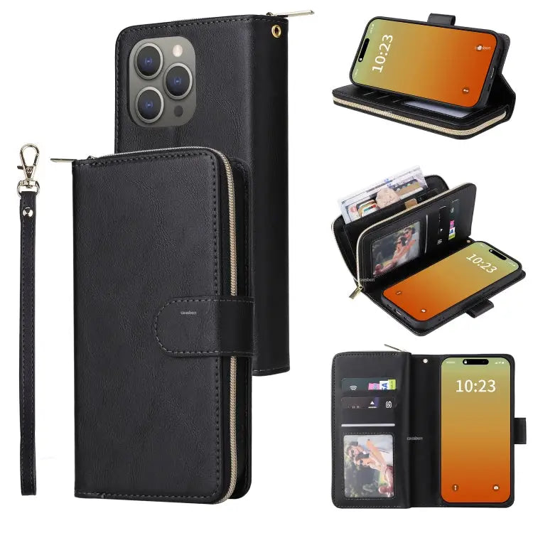 9 Card Slots Zipper Wallet Bag Leather Phone Case - For iPhone 15 Pro / Black