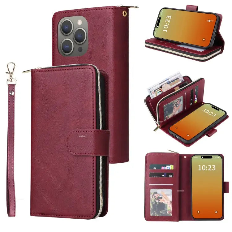 9 Card Slots Zipper Wallet Bag Leather Phone Case - For iPhone 15 Pro / Wine Red