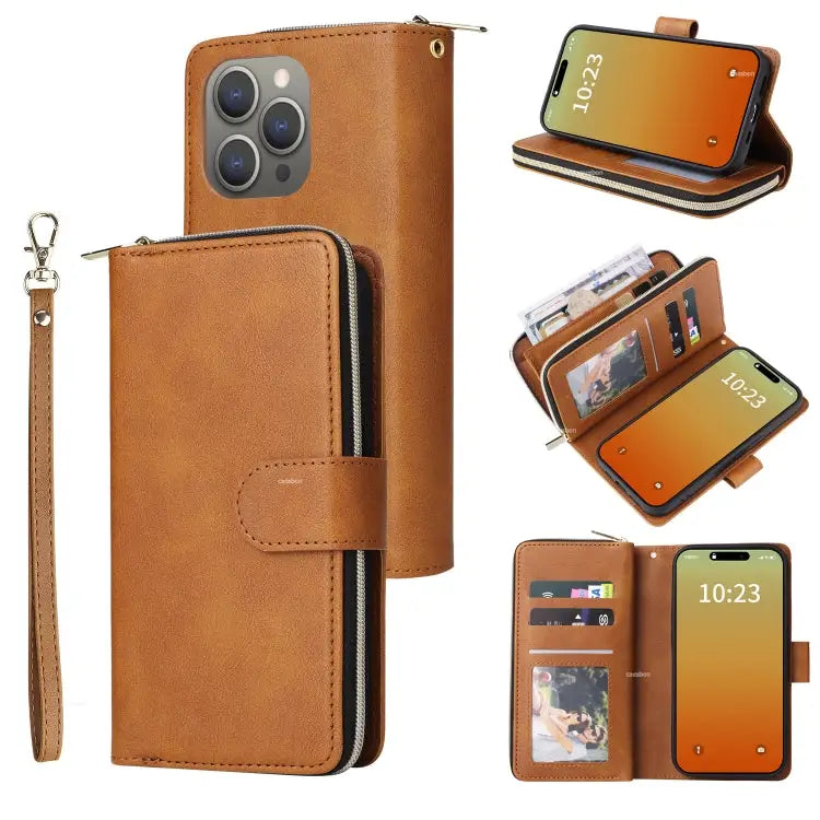 9 Card Slots Zipper Wallet Bag Leather Phone Case - For iPhone 15 Pro / Brown