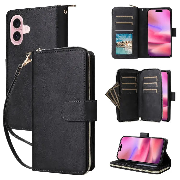 9 Card Slots Zipper Wallet Bag Leather Phone Case - For iPhone 16 / Black