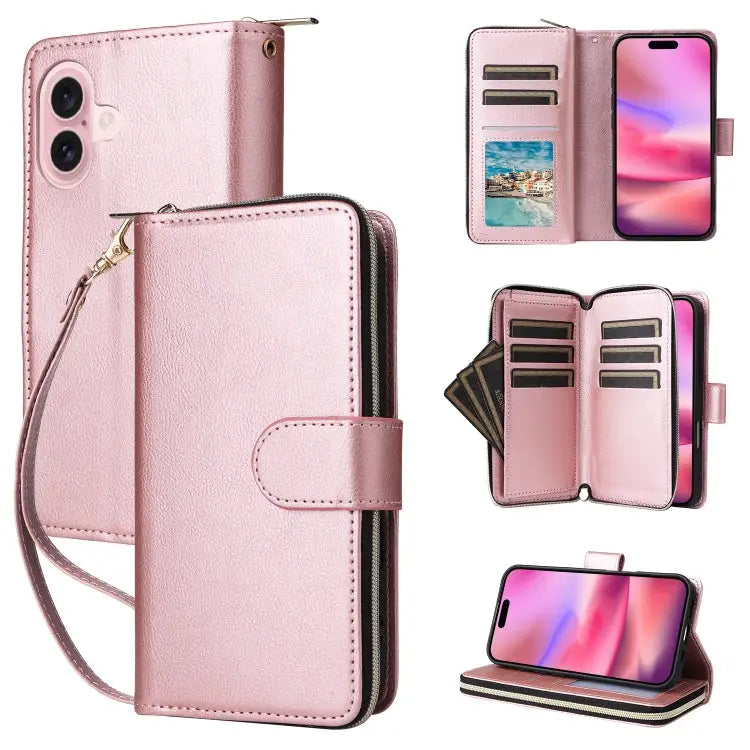 9 Card Slots Zipper Wallet Bag Leather Phone Case - For iPhone 16 / Rose Gold