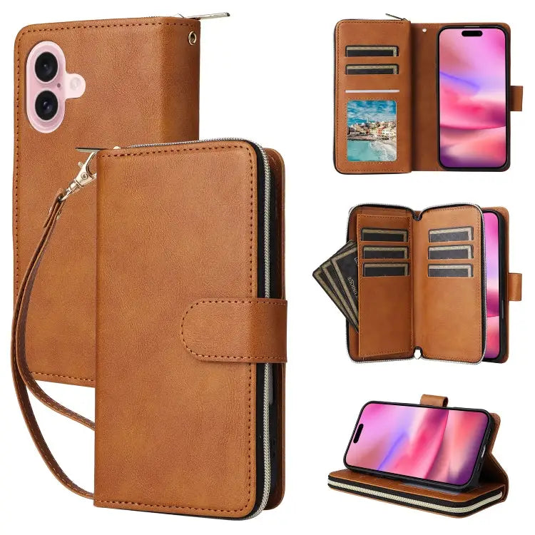 9 Card Slots Zipper Wallet Bag Leather Phone Case - For iPhone 16 / Brown
