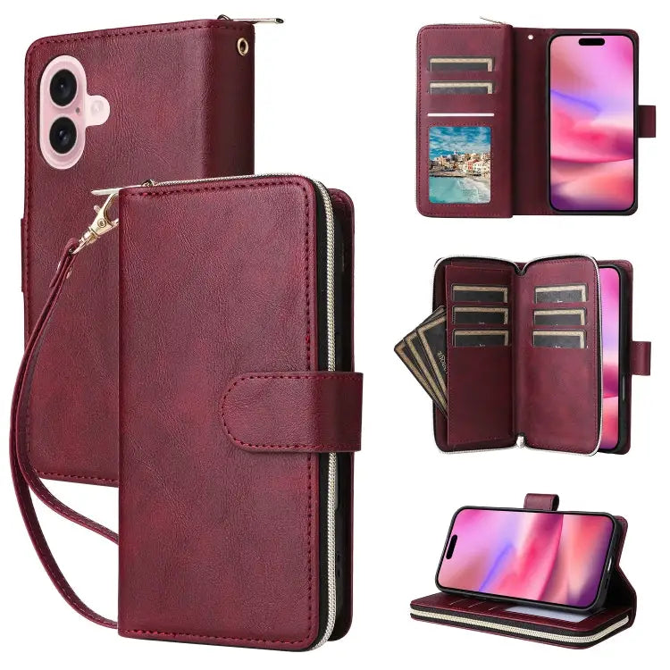 9 Card Slots Zipper Wallet Bag Leather Phone Case - For iPhone 16 / Wine Red