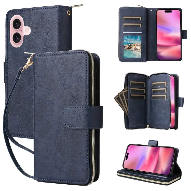 9 Card Slots Zipper Wallet Bag Leather Phone Case - For iPhone 16 / Blue