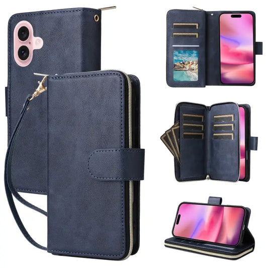 9 Card Slots Zipper Wallet Bag Leather Phone Case - For iPhone 16 / Blue