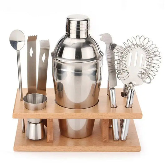9 in 1 Stainless Steel Cocktail Shaker Tools Set with Wooden Mount Capacity: 550ml 550ml - 550ml