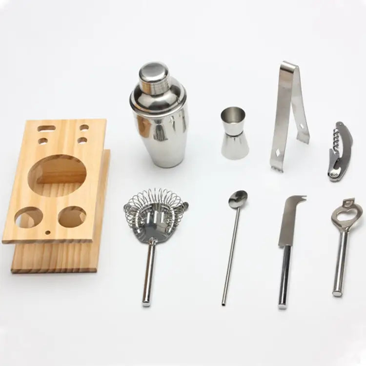 9 in 1 Stainless Steel Cocktail Shaker Tools Set with Wooden Mount Capacity: 350ml 350ml - 350ml