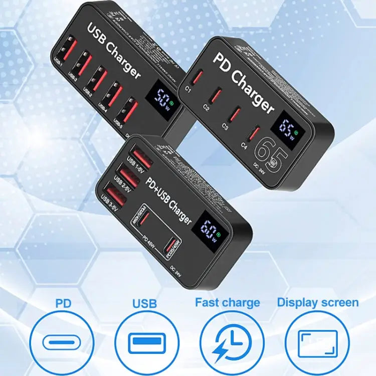 988A Multi-function DC 12V 5 Ports USB Digital Display Fast Charger - 988A