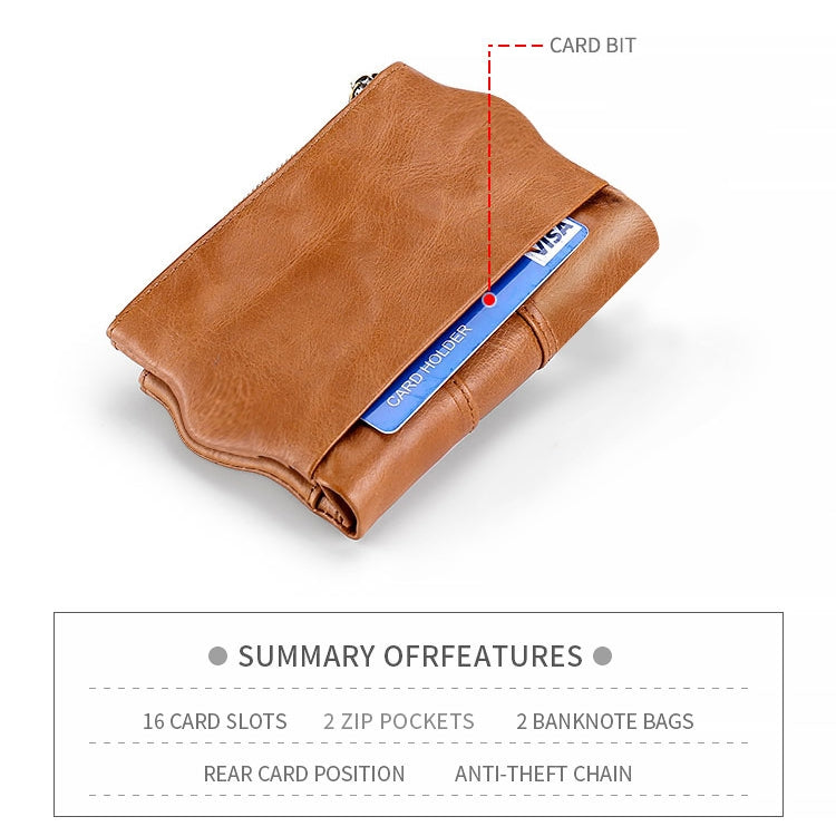 LT3539 Cowhide Leather Zipper Buckle Anti-magnetic RFID Wallet Clutch Bag for Men, with Card Slots & Shoulder Strap, LT3539 Shoulder Strap Black, LT3539 Shoulder Strap Blue, LT3539 Strap Red, LT3539 Yellowish-brown