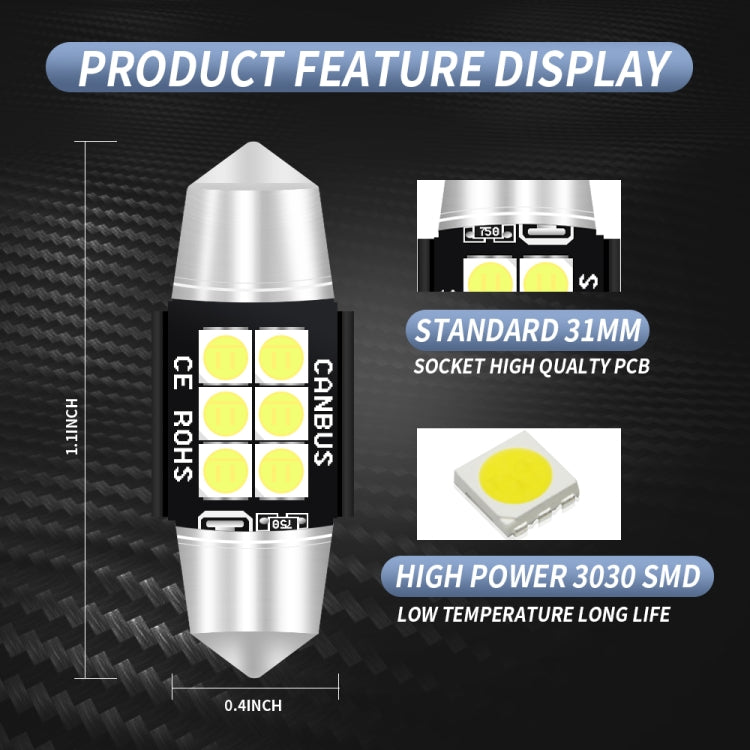 2 PCS 31mm DC12V-24V 3W 6000K 660LM 6LEDs SMD-3030 Car Reading Lamp / License Plate Light, 31mm (3W)