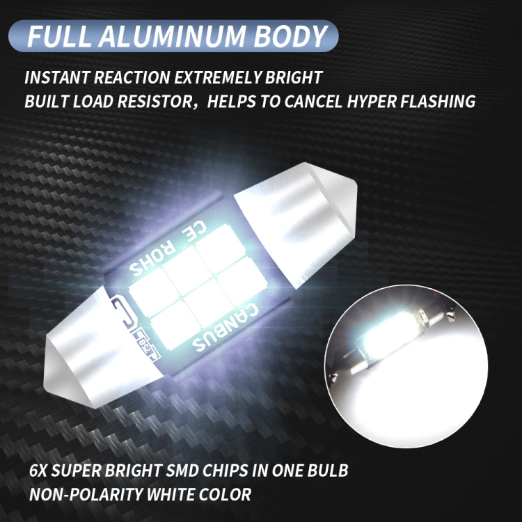 2 PCS 31mm DC12V-24V 3W 6000K 660LM 6LEDs SMD-3030 Car Reading Lamp / License Plate Light, 31mm (3W)