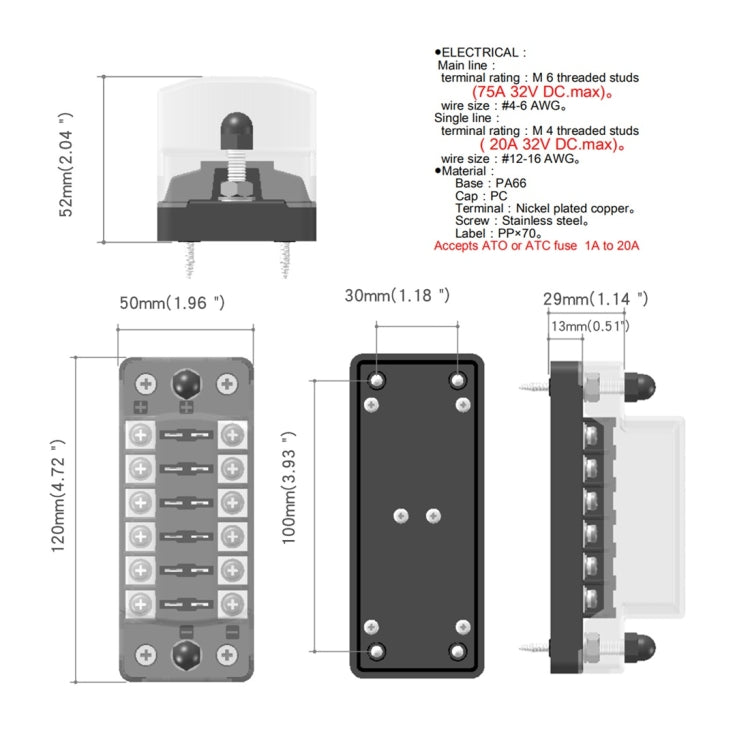 CS-978A1 FB1901 1 In 6 Out Independent Positive Negative Fuse Box without Fuse Piece for Auto Car Truck Boat, CS-978A1