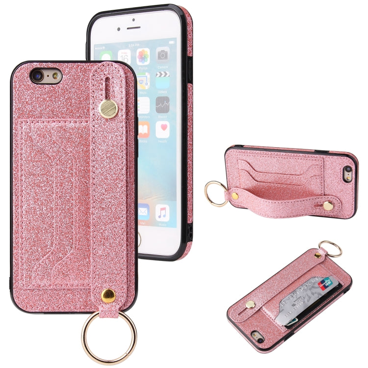 Glitter Powder PU+TPU Shockproof Protective Case with Holder & Card Slots & Wrist Strap, For iPhone 6 / 6s, For iPhone 6 Plus / 6s Plus, For iPhone SE 2022 / SE 2020 / 8 / 7, For iPhone 8 Plus / 7 Plus, For iPhone 11, For iPhone 11 Pro