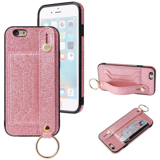 Glitter Powder PU+TPU Shockproof Protective Case with Holder & Card Slots & Wrist Strap, For iPhone 6 / 6s, For iPhone 6 Plus / 6s Plus, For iPhone SE 2022 / SE 2020 / 8 / 7, For iPhone 8 Plus / 7 Plus, For iPhone 11, For iPhone 11 Pro