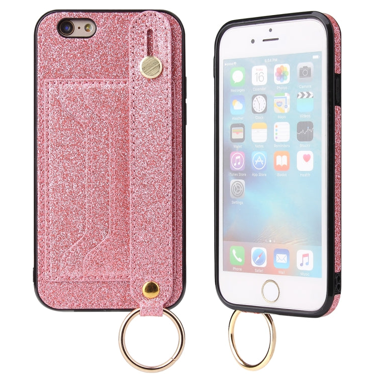 Glitter Powder PU+TPU Shockproof Protective Case with Holder & Card Slots & Wrist Strap, For iPhone 6 / 6s, For iPhone 6 Plus / 6s Plus, For iPhone SE 2022 / SE 2020 / 8 / 7, For iPhone 8 Plus / 7 Plus, For iPhone 11, For iPhone 11 Pro