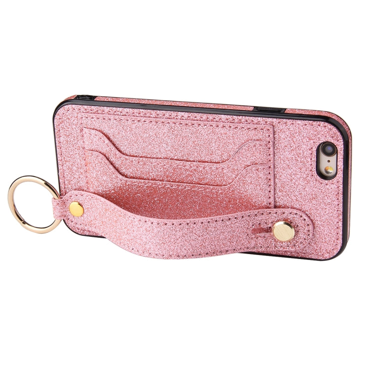 Glitter Powder PU+TPU Shockproof Protective Case with Holder & Card Slots & Wrist Strap, For iPhone 6 / 6s, For iPhone 6 Plus / 6s Plus, For iPhone SE 2022 / SE 2020 / 8 / 7, For iPhone 8 Plus / 7 Plus, For iPhone 11, For iPhone 11 Pro