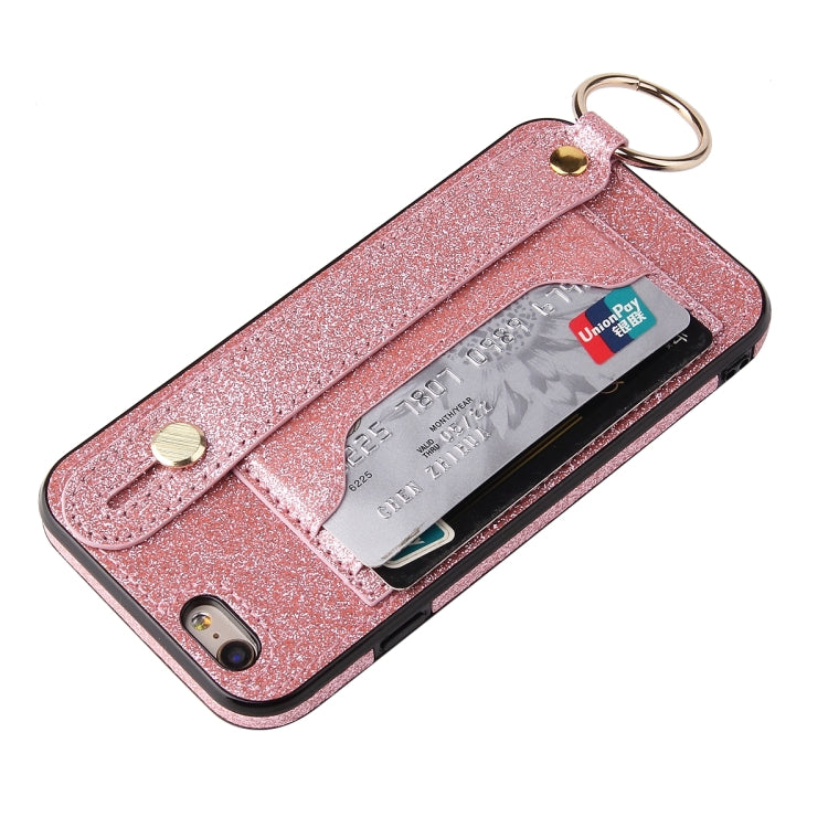 Glitter Powder PU+TPU Shockproof Protective Case with Holder & Card Slots & Wrist Strap, For iPhone 6 / 6s, For iPhone 6 Plus / 6s Plus, For iPhone SE 2022 / SE 2020 / 8 / 7, For iPhone 8 Plus / 7 Plus, For iPhone 11, For iPhone 11 Pro