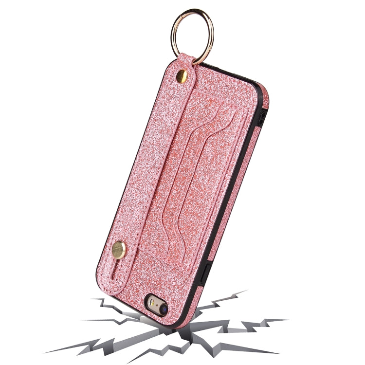 Glitter Powder PU+TPU Shockproof Protective Case with Holder & Card Slots & Wrist Strap, For iPhone 6 / 6s, For iPhone 6 Plus / 6s Plus, For iPhone SE 2022 / SE 2020 / 8 / 7, For iPhone 8 Plus / 7 Plus, For iPhone 11, For iPhone 11 Pro