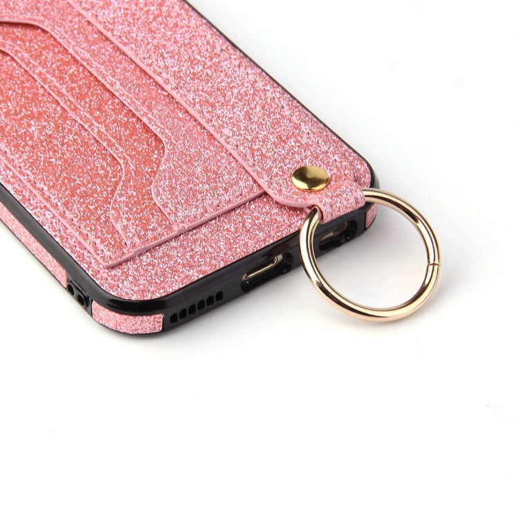 Glitter Powder PU+TPU Shockproof Protective Case with Holder & Card Slots & Wrist Strap, For iPhone 6 / 6s, For iPhone 6 Plus / 6s Plus, For iPhone SE 2022 / SE 2020 / 8 / 7, For iPhone 8 Plus / 7 Plus, For iPhone 11, For iPhone 11 Pro