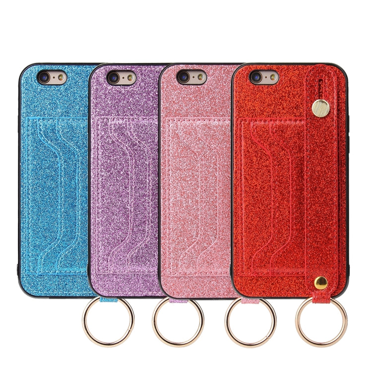 Glitter Powder PU+TPU Shockproof Protective Case with Holder & Card Slots & Wrist Strap, For iPhone 6 / 6s, For iPhone 6 Plus / 6s Plus, For iPhone SE 2022 / SE 2020 / 8 / 7, For iPhone 8 Plus / 7 Plus, For iPhone 11, For iPhone 11 Pro