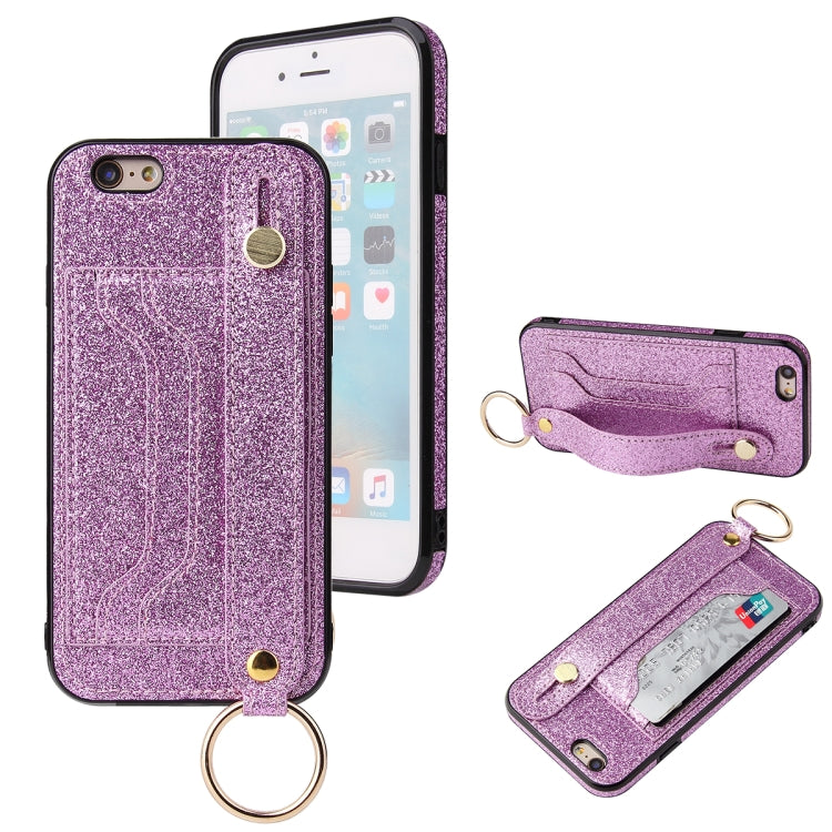Glitter Powder PU+TPU Shockproof Protective Case with Holder & Card Slots & Wrist Strap, For iPhone 6 / 6s, For iPhone 6 Plus / 6s Plus, For iPhone SE 2022 / SE 2020 / 8 / 7, For iPhone 8 Plus / 7 Plus, For iPhone 11, For iPhone 11 Pro