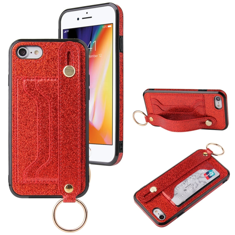 Glitter Powder PU+TPU Shockproof Protective Case with Holder & Card Slots & Wrist Strap, For iPhone 6 / 6s, For iPhone 6 Plus / 6s Plus, For iPhone SE 2022 / SE 2020 / 8 / 7, For iPhone 8 Plus / 7 Plus, For iPhone 11, For iPhone 11 Pro