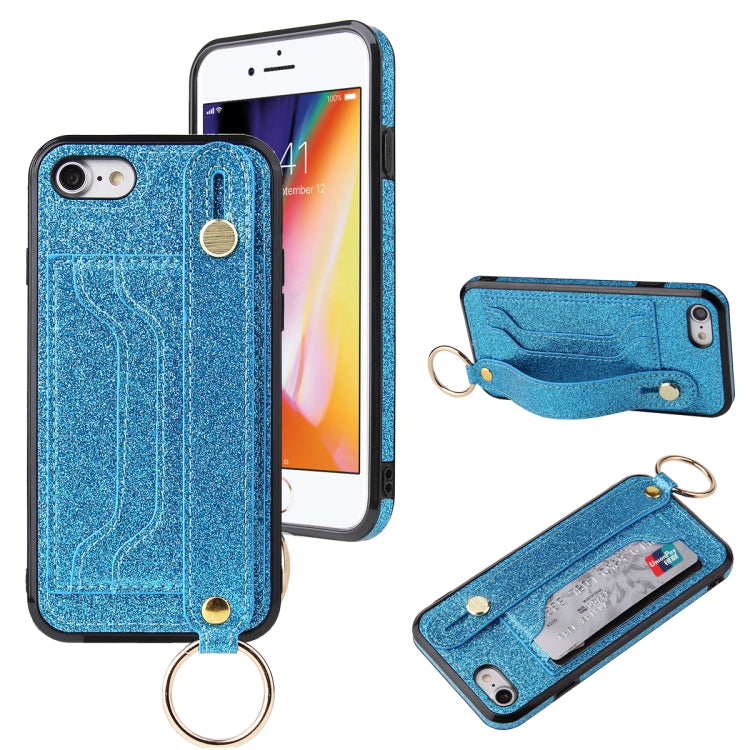 Glitter Powder PU+TPU Shockproof Protective Case with Holder & Card Slots & Wrist Strap, For iPhone 6 / 6s, For iPhone 6 Plus / 6s Plus, For iPhone SE 2022 / SE 2020 / 8 / 7, For iPhone 8 Plus / 7 Plus, For iPhone 11, For iPhone 11 Pro