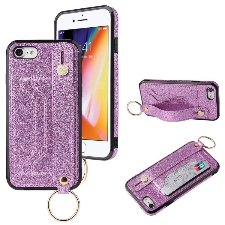 Glitter Powder PU+TPU Shockproof Protective Case with Holder & Card Slots & Wrist Strap, For iPhone 6 / 6s, For iPhone 6 Plus / 6s Plus, For iPhone SE 2022 / SE 2020 / 8 / 7, For iPhone 8 Plus / 7 Plus, For iPhone 11, For iPhone 11 Pro