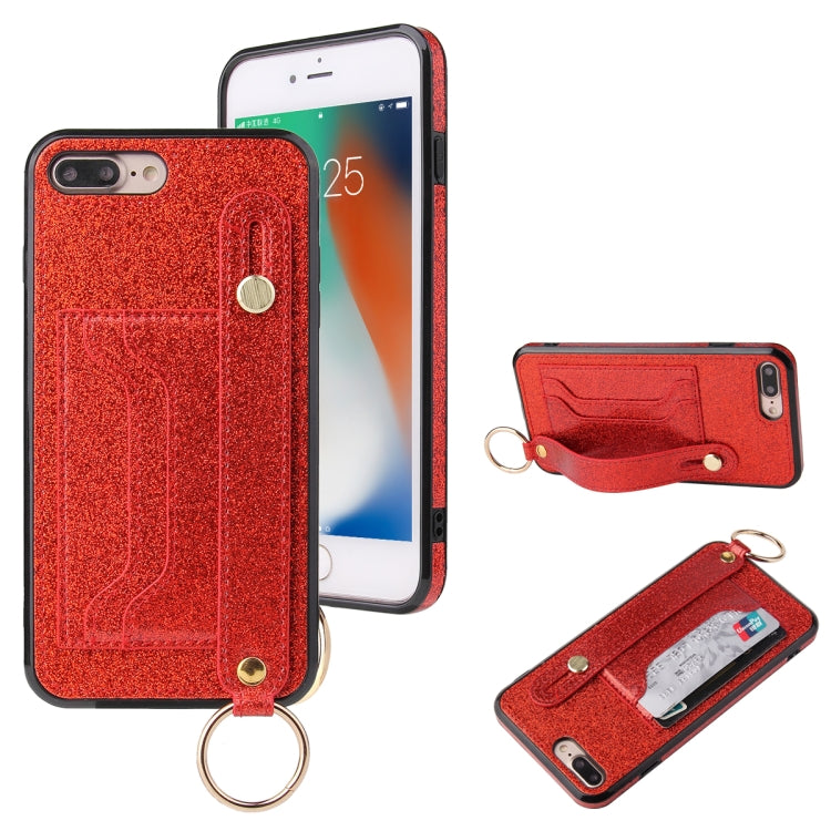 Glitter Powder PU+TPU Shockproof Protective Case with Holder & Card Slots & Wrist Strap, For iPhone 6 / 6s, For iPhone 6 Plus / 6s Plus, For iPhone SE 2022 / SE 2020 / 8 / 7, For iPhone 8 Plus / 7 Plus, For iPhone 11, For iPhone 11 Pro