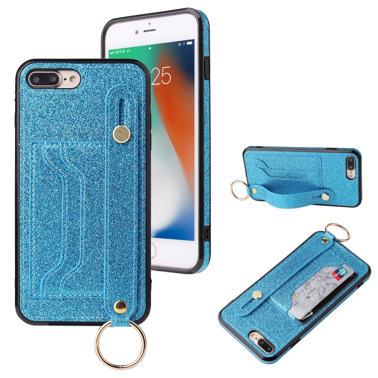 Glitter Powder PU+TPU Shockproof Protective Case with Holder & Card Slots & Wrist Strap, For iPhone 6 / 6s, For iPhone 6 Plus / 6s Plus, For iPhone SE 2022 / SE 2020 / 8 / 7, For iPhone 8 Plus / 7 Plus, For iPhone 11, For iPhone 11 Pro