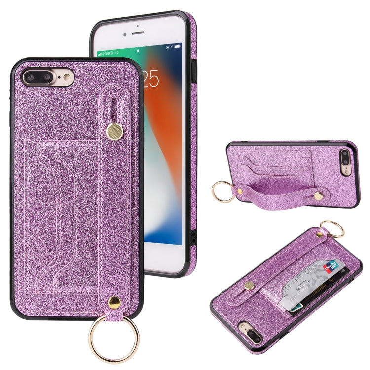 Glitter Powder PU+TPU Shockproof Protective Case with Holder & Card Slots & Wrist Strap, For iPhone 6 / 6s, For iPhone 6 Plus / 6s Plus, For iPhone SE 2022 / SE 2020 / 8 / 7, For iPhone 8 Plus / 7 Plus, For iPhone 11, For iPhone 11 Pro