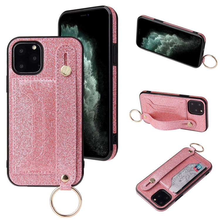 Glitter Powder PU+TPU Shockproof Protective Case with Holder & Card Slots & Wrist Strap, For iPhone 6 / 6s, For iPhone 6 Plus / 6s Plus, For iPhone SE 2022 / SE 2020 / 8 / 7, For iPhone 8 Plus / 7 Plus, For iPhone 11, For iPhone 11 Pro