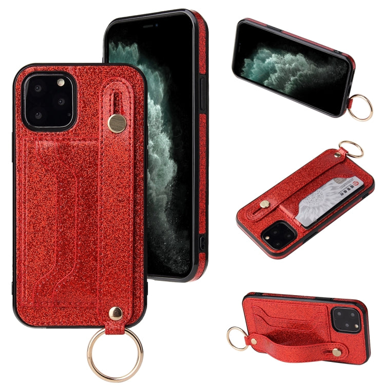 Glitter Powder PU+TPU Shockproof Protective Case with Holder & Card Slots & Wrist Strap, For iPhone 6 / 6s, For iPhone 6 Plus / 6s Plus, For iPhone SE 2022 / SE 2020 / 8 / 7, For iPhone 8 Plus / 7 Plus, For iPhone 11, For iPhone 11 Pro