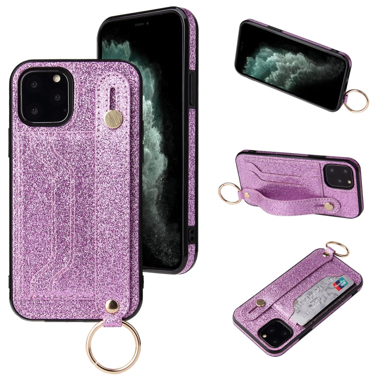 Glitter Powder PU+TPU Shockproof Protective Case with Holder & Card Slots & Wrist Strap, For iPhone 6 / 6s, For iPhone 6 Plus / 6s Plus, For iPhone SE 2022 / SE 2020 / 8 / 7, For iPhone 8 Plus / 7 Plus, For iPhone 11, For iPhone 11 Pro