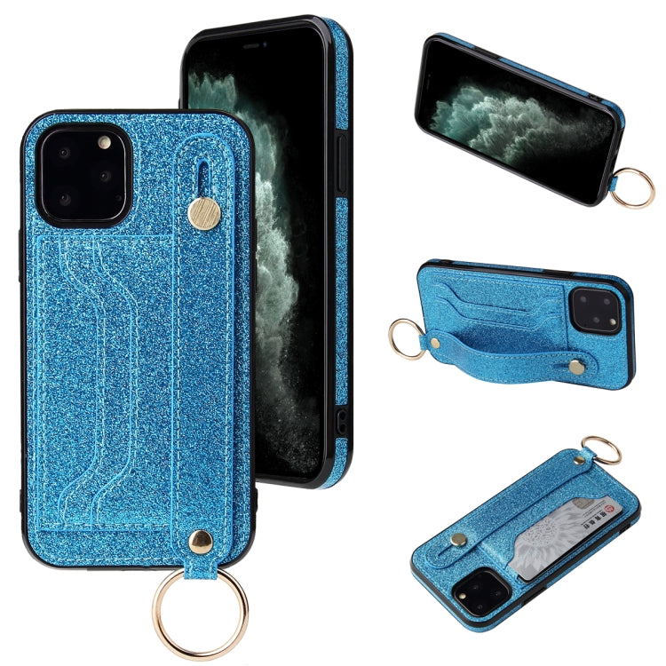 Glitter Powder PU+TPU Shockproof Protective Case with Holder & Card Slots & Wrist Strap, For iPhone 6 / 6s, For iPhone 6 Plus / 6s Plus, For iPhone SE 2022 / SE 2020 / 8 / 7, For iPhone 8 Plus / 7 Plus, For iPhone 11, For iPhone 11 Pro