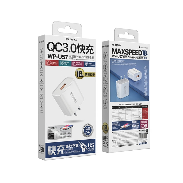 WK WP-U57 Max 18W Maxspeed QC3.0 Fast Charger + USB to Micro USB Data Cable, US Plug, EU Plug, UK Plug