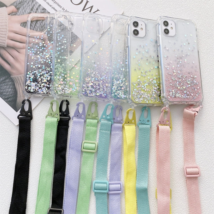 Gradient Glitter Powder Epoxy TPU Thickened Acrylic Shockproof Case with Wide Neck Lanyard, For iPhone 12 Pro Max, For iPhone 11, For iPhone 11 Pro, For iPhone 11 Pro Max