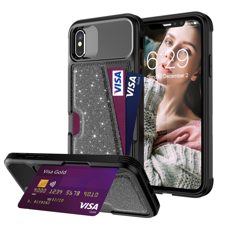 Glitter Magnetic Card Bag Leather Case, For iPhone X / XS, For iPhone XR, For iPhone XS Max, For iPhone SE 2022 / SE 2020 / 7 / 8, For iPhone 8 Plus / 7 Plus / 6 Plus