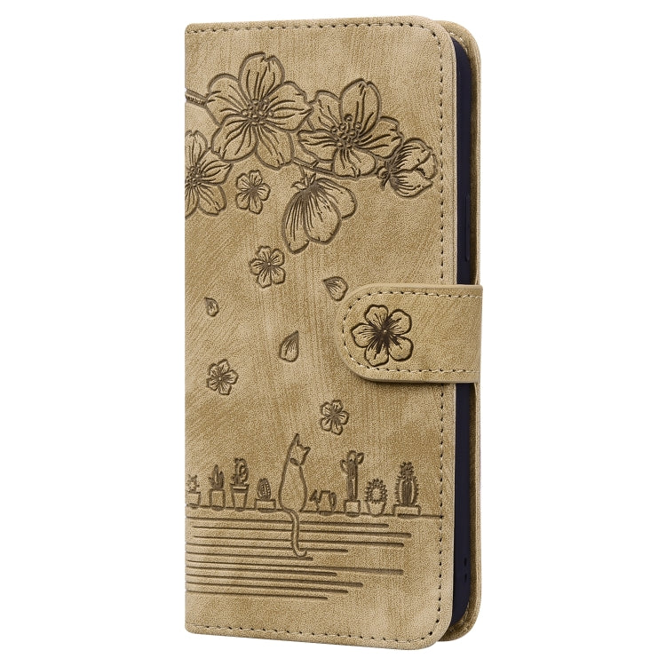 Cartoon Sakura Cat Embossed Leather Case, For iPhone 13 mini, For iPhone 13, For iPhone 13 Pro, For iPhone 13 Pro Max