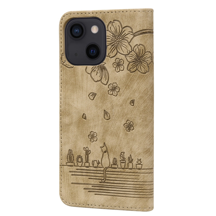Cartoon Sakura Cat Embossed Leather Case, For iPhone 13 mini, For iPhone 13, For iPhone 13 Pro, For iPhone 13 Pro Max