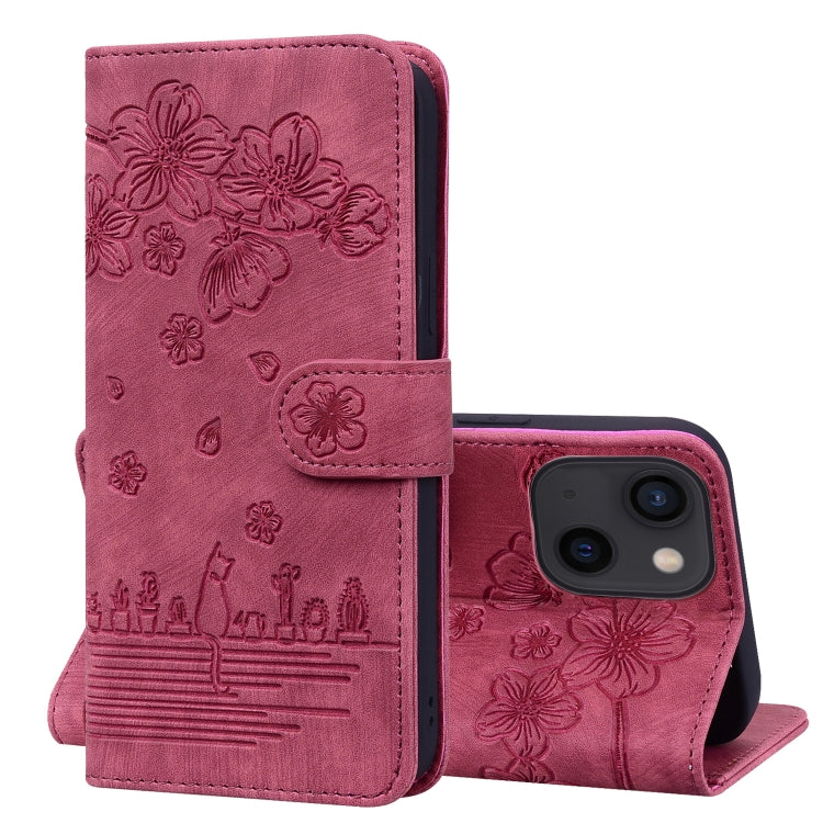 Cartoon Sakura Cat Embossed Leather Case, For iPhone 13 mini, For iPhone 13, For iPhone 13 Pro, For iPhone 13 Pro Max