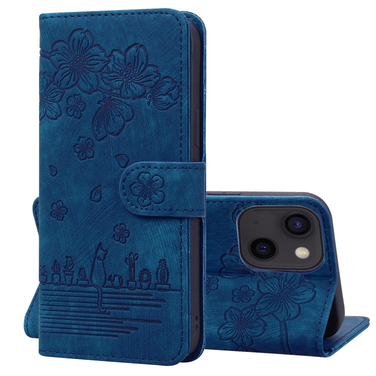 Cartoon Sakura Cat Embossed Leather Case, For iPhone 13 mini, For iPhone 13, For iPhone 13 Pro, For iPhone 13 Pro Max