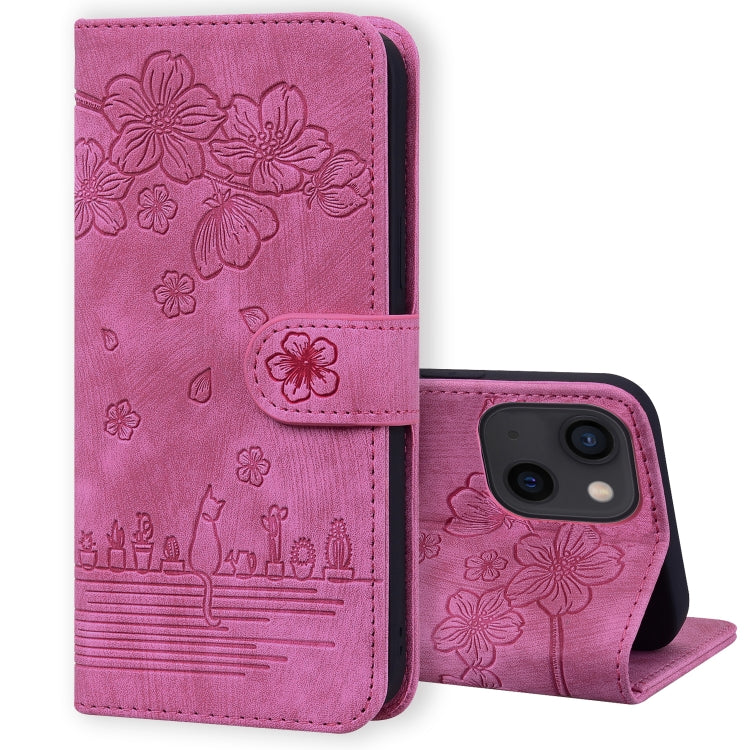Cartoon Sakura Cat Embossed Leather Case, For iPhone 13 mini, For iPhone 13, For iPhone 13 Pro, For iPhone 13 Pro Max